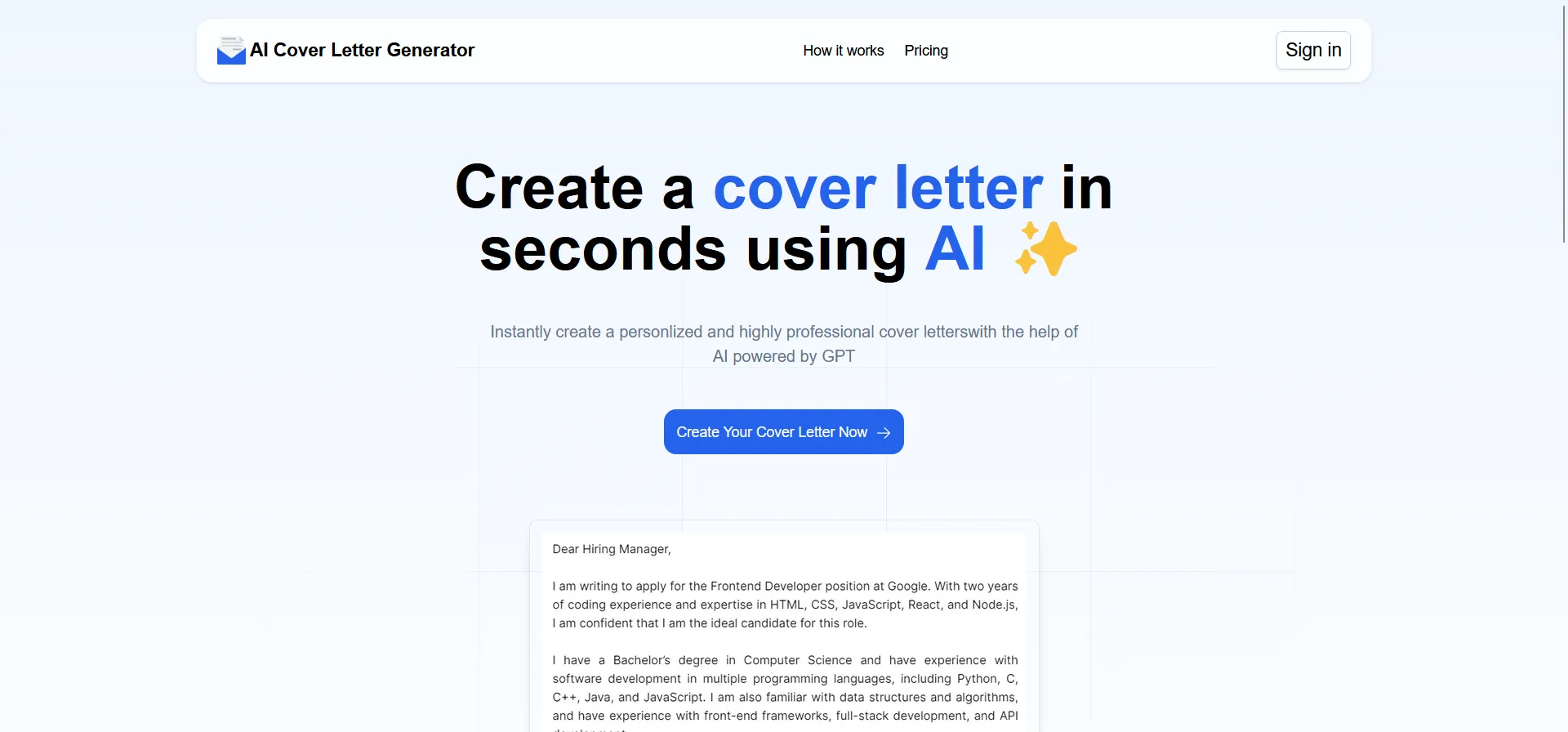 AI Cover Letter Generator screenshot