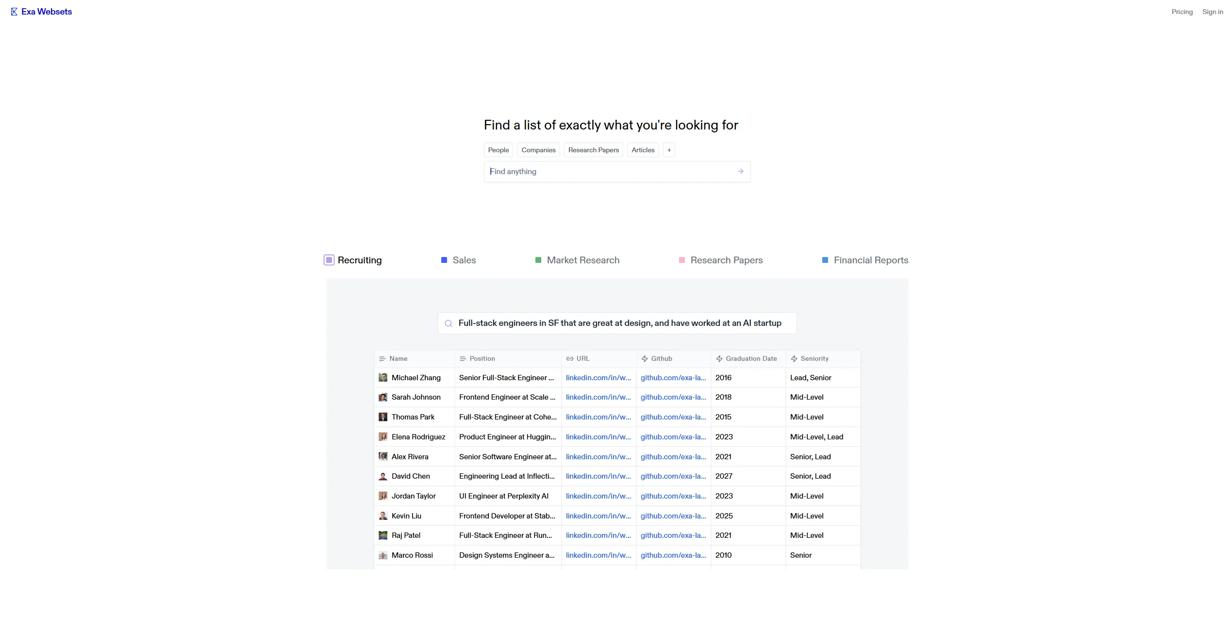Exa Websets screenshot