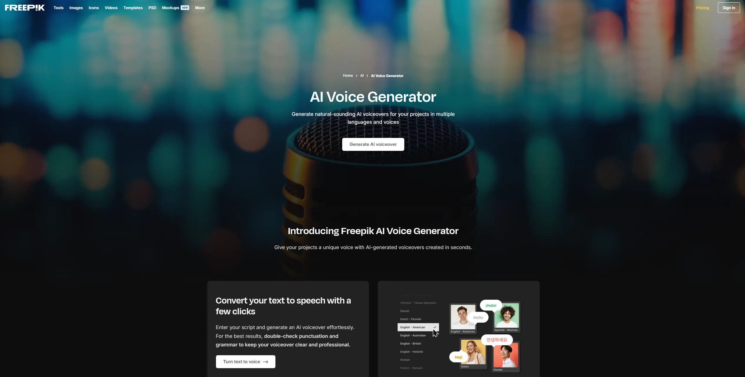 Freepik AI Voice Generator screenshot